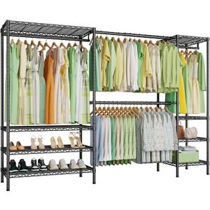 Ulif E11 Heavy-Duty Garment Rack, Metal Freestanding Clothes Rack and Closet Storage Organizer System with 8 Shelves and 4 Hanger Rods, (73.2 - 97.6)"W x 14.5"D x 71.2"H, Load 1034 LBS, Black