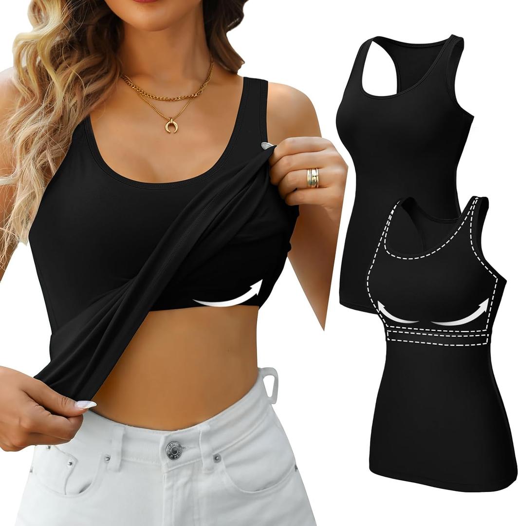 V FOR CITY Womens Shelf Bra Tank Tops Racerback Workout Camis Yoga Shirt Cotton Undershirt 2 Pack (Black, L)