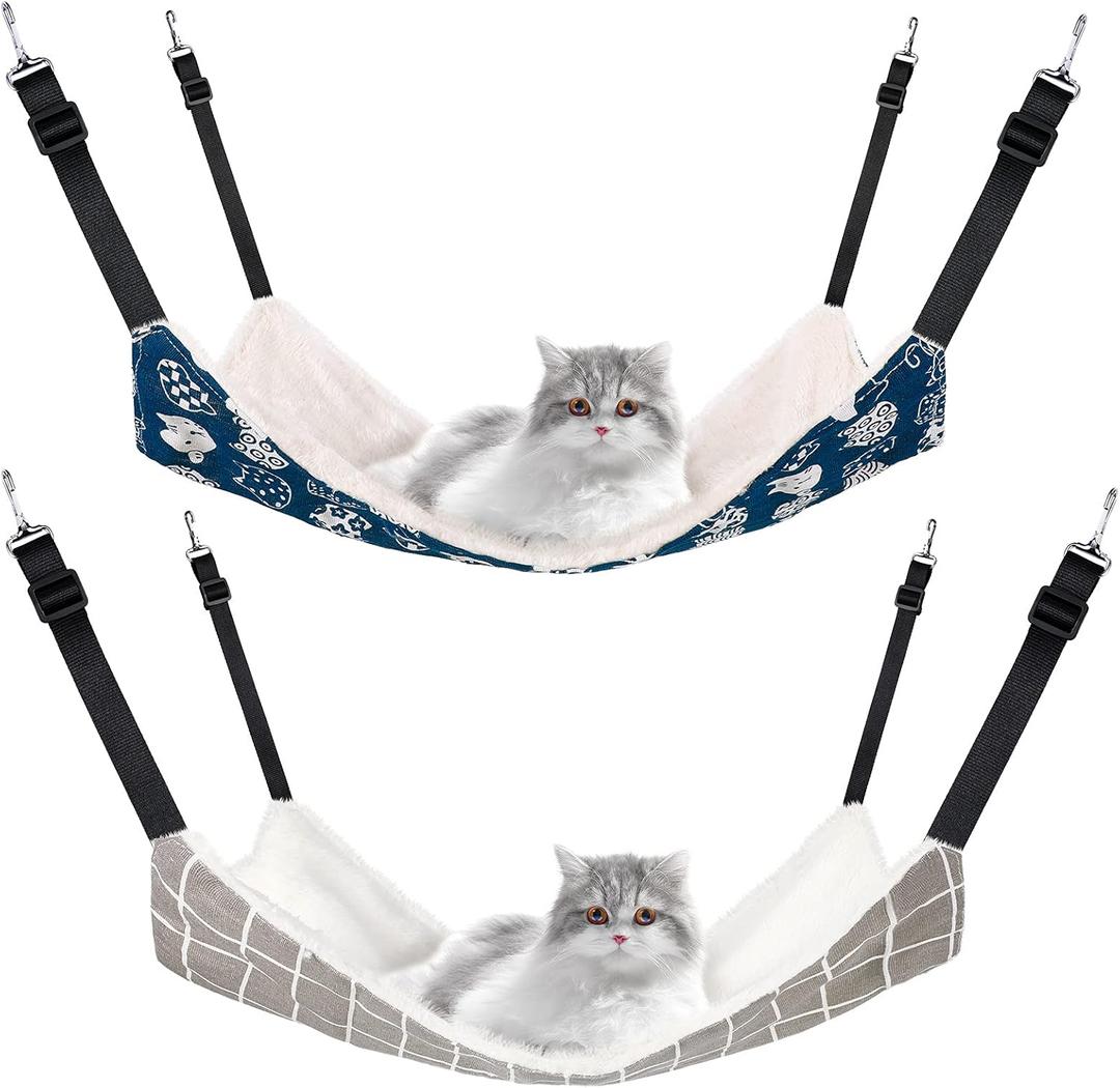 2 Pieces Reversible Cat Hanging Hammock Soft Breathable Pet Cage Hammock with Adjustable Straps and Metal Hooks Double Sided Hanging Bed for Small Dogs Rabbits(Cat and Plaid,L)