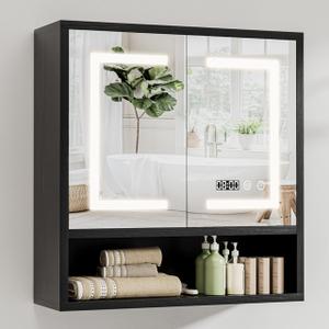 Bathroom Medicine Cabinet with Mirror, Lighted Storage Cabinet Wall Mounted with Doors & Adjustable Wood Shelf, Modern Bathroom Mirror with LED Lights Defogger for Makeup Laundry/Living Room, Black
