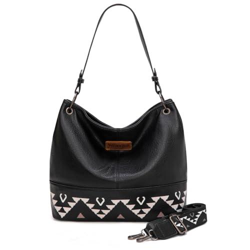 Wrangler Hobo Bags for Women Aztec Womens Black Handbag Vegan Leather Shoulder Purses and with Crossbody Strap WG297-918BK