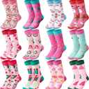 Ramede 12 Pairs Pink Christmas Socks for Women Bulk with Snowman Santa Xmas Crew Socks Holiday Gift for Stocking Stuffer Party Favors