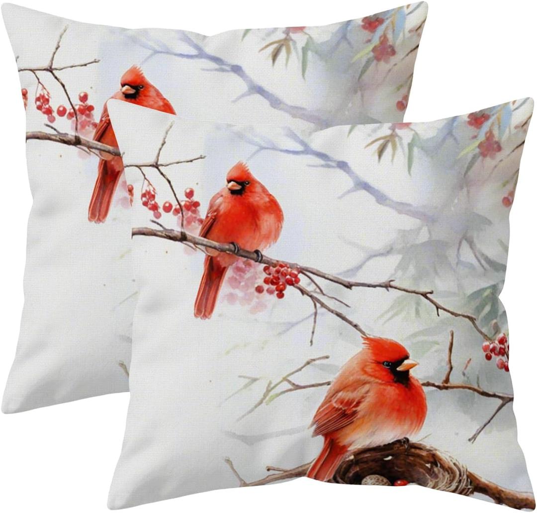Christmas Cardinal Pillow Covers 18x18 Set of 2, Watercolor Red Bird on Branch Winter Decor Throw Pillowcases Double Sided Printing Cushion Covers for Couch Bed Holiday Farmhouse