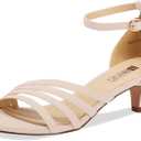IDIFU Women's Low Kitten Strappy Sandals Heels Open Toe Ankle Strap Bridal Dress Wedding Shoes For Women (7, Nude Nubuck)