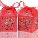 COTOPHER 100Pcs Laser Cut Favor Boxes, 2x2x2.75in Small Gift Boxes for Presents, Party Wedding Favors Boxes with Ribbon, Mini Candy Boxes for Event Bridal Shower Anniversary Birthday Christmas, Red