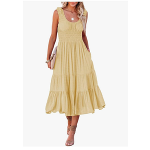 Melliflo Womens Smocked Ruched Sleeveless High Waist Pocket Solid Dress 2024 Fashion Casual Summer Dress Size M