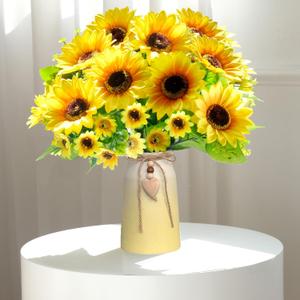 Artificial Sunflower Arrangement in Ceramic Vase  Fake Silk Sunflowers Table Centerpiece Decoration, Stylish Artificial Flowers with Vase for Home Table Dining Room