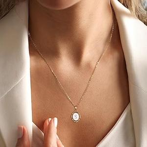 Krfy Initial Necklaces for Women - Dainty Gold Charm Necklaces 14K Gold Plated Oval Letter White Enamel Personalized Name Necklaces for Women Trendy Gold Necklace Jewelry - S