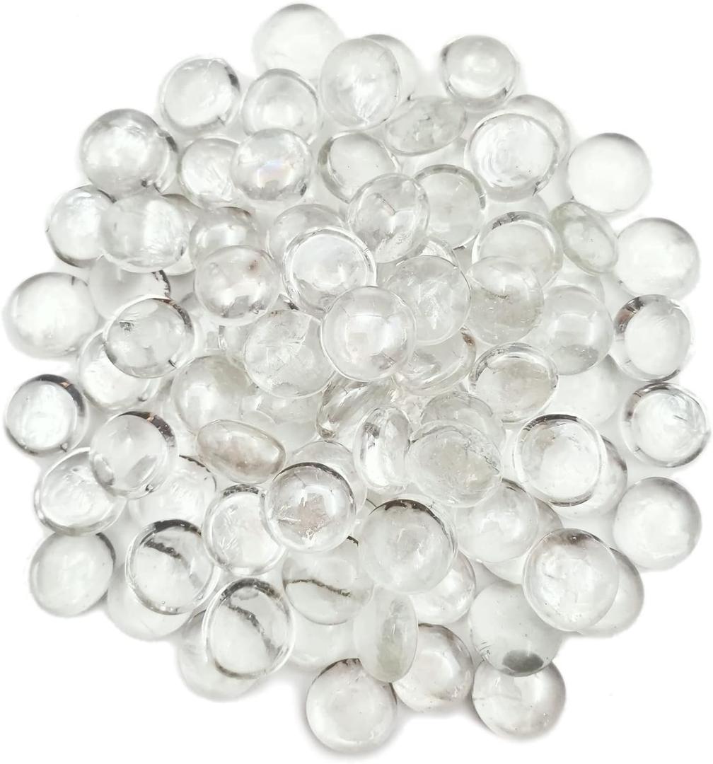 Flat Glass Marbles 1 Pound Vase Filler Fire Pit Glass Pebbles for Indoor Plants, Aquarium Fish Tank Decorations, Home Decor, Fire Pit, Landscaping, Arts Crafts (Clear)