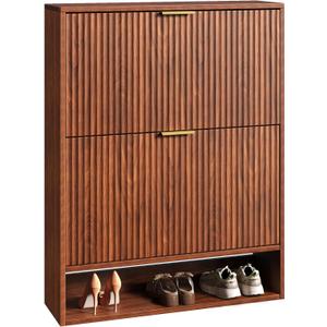 31.5''W Walnut Shoe Storage Cabinet for Entryway with 2 Flip Drawers, Fluted Slim Shoe Cabinet, Free Standing Wooden Shoes Organizer for Foyer, Hallway