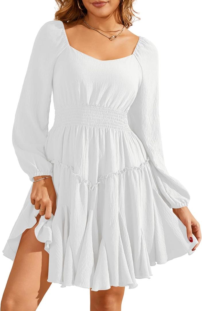 Florboom Women's Multi-Layered Hem Dress Square Neck Lantern Long Sleeve A-Line Smocked Waist Mini Dresses (White, S)
