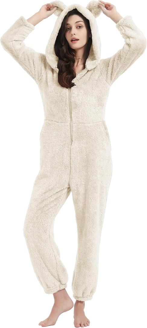 COZYPOIN Womens Fleece Onesies Pajamas Fuzzy Sherpa Adult Hooded One Piece Onesie Winter Romper Flannel Loungewear Sleepwear (White, XS)