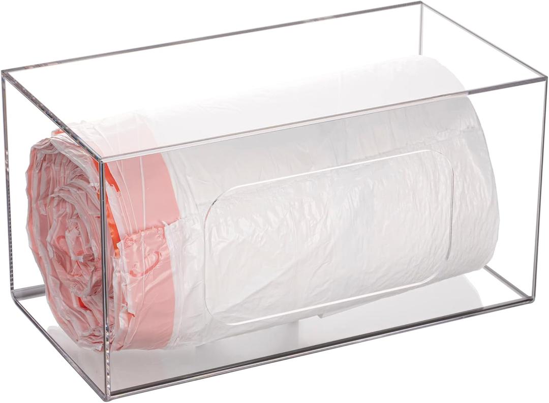 Trash Bag Dispenser Roll Holder, Wall Mount Acrylic Kitchen Organizer Storage Box Holder for Garbage Bag Grocery Bag Plastic Shopping Bag Roll Container (10.4 x 5.5 x 5.5 inches) (Standard)