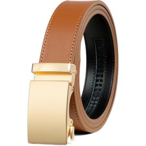 Founders & C Men's Ratchet Belt 1 3/8",Leather Dress Belt Adjustable with Click Sliding Buckle Trim to Exact Fit,Gold Buckle-tan Belt, 28"-42" Waist Adjustable