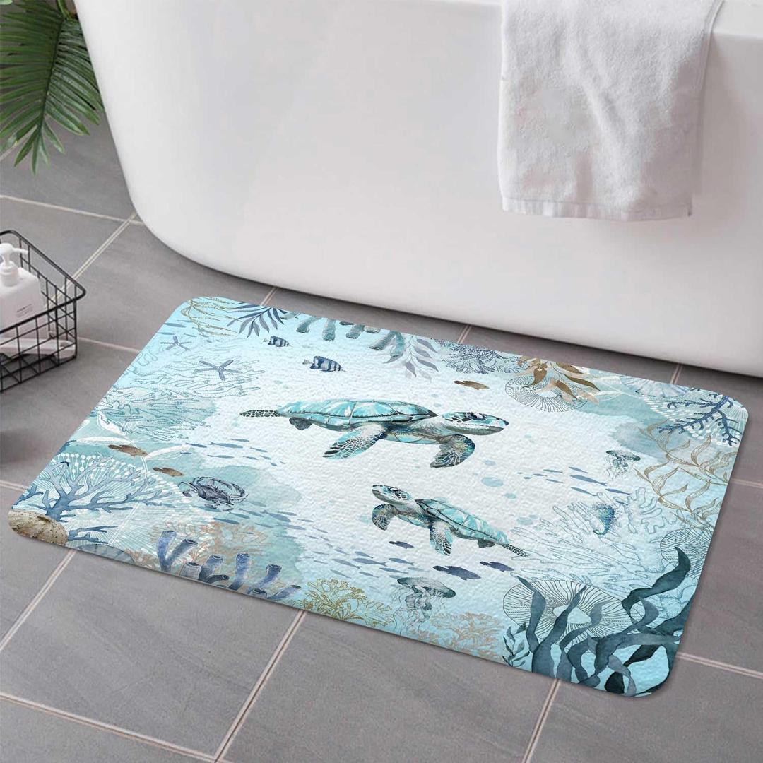 Sea Turtle Bath Rugs for Bathroom, Teal Blue Ocean Beach Coastal Funny Animal Nautical Starfish Fish Non Slip Flannel Bathroom Rug, Dry Fast Water Absorbent Bath Mats, 17x29 Inch (Boho)