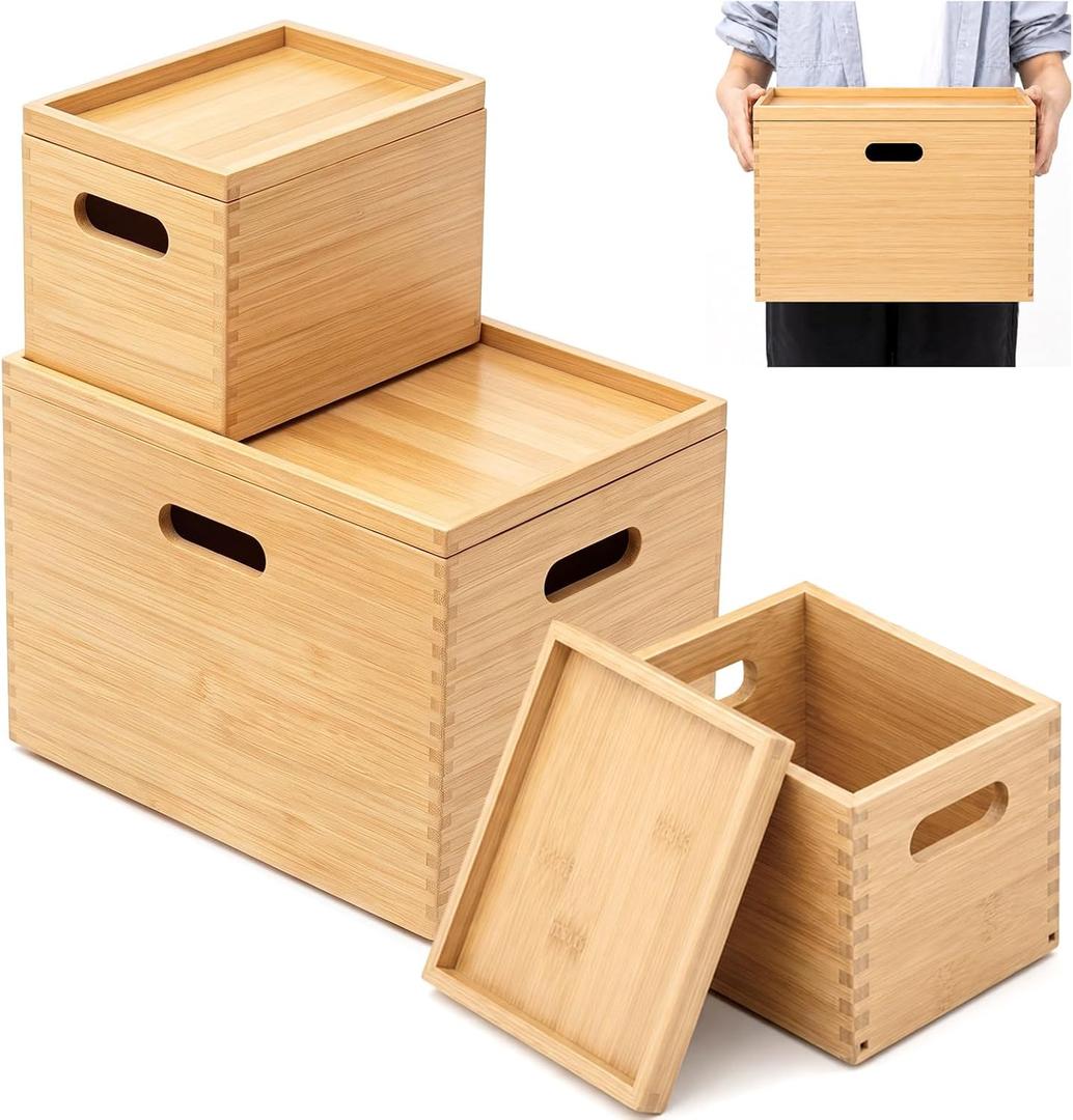 Sintuff 3 Pcs Stackable Bamboo Storage Boxes with Lids and Handles