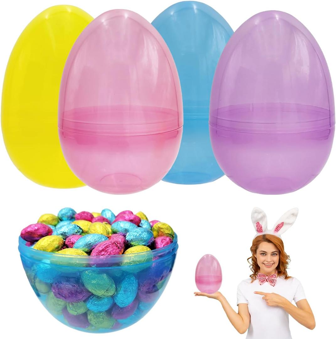 The Dreidel Company 8 Inch Massive Translucent Easter Eggs (4 Pack) Colorful Bright Easter Eggs Perfect For Easter Hunt, Surprise , Assorted Colors, 8" Giant Fillable- 4Pack