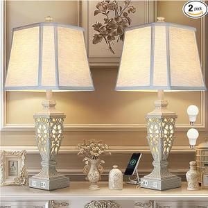 Lamps for Living Room - Table Lamps Set of 2 with Night Light,Bedside Lamp with White Linen Cut Corner Shade - for Bedroom Room and Nightstand with USB A+C Ports- for Office