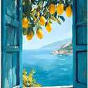 Framed Open Window Beach Canvas Wall Art Coastal Wall Decor Picture White Flowers and Butterflies Painting Artwork Fake Window Wall Art Horizontal Nature Landscape Seaside Summer Print for Home Decoration (E, 16x24inch(40x60cm), Framed)