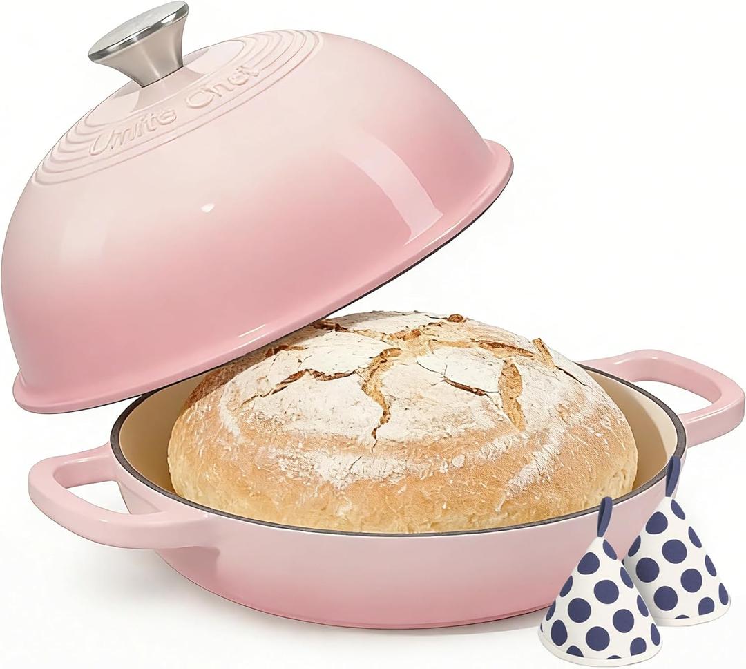 Cast Iron Dutch Oven Pot with Lid, Round Bread Oven for Sourdough Bread Baking, Umite Chef Enameled Cast Iron Bread Oven with Dome Lid & Cotton Potholders for Sourdough, Pink, 6 Quarts