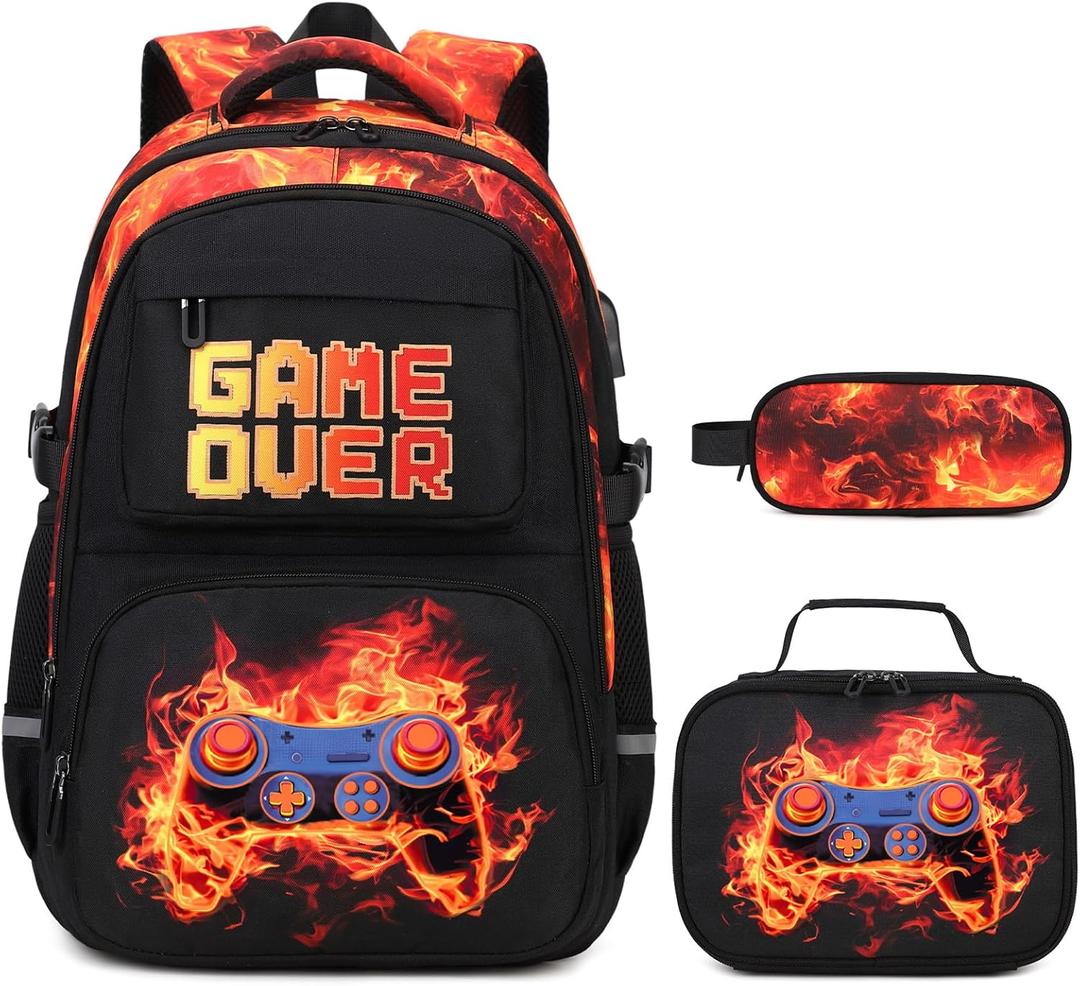 Boys Backpack for School, 3PCS Cool Luminous Backpack for Boys with Lunch Bag Pencil Case, Kids Bookbag Teen Boy Backpacks for Kindergarten Elementary Middle School (Red Flame)