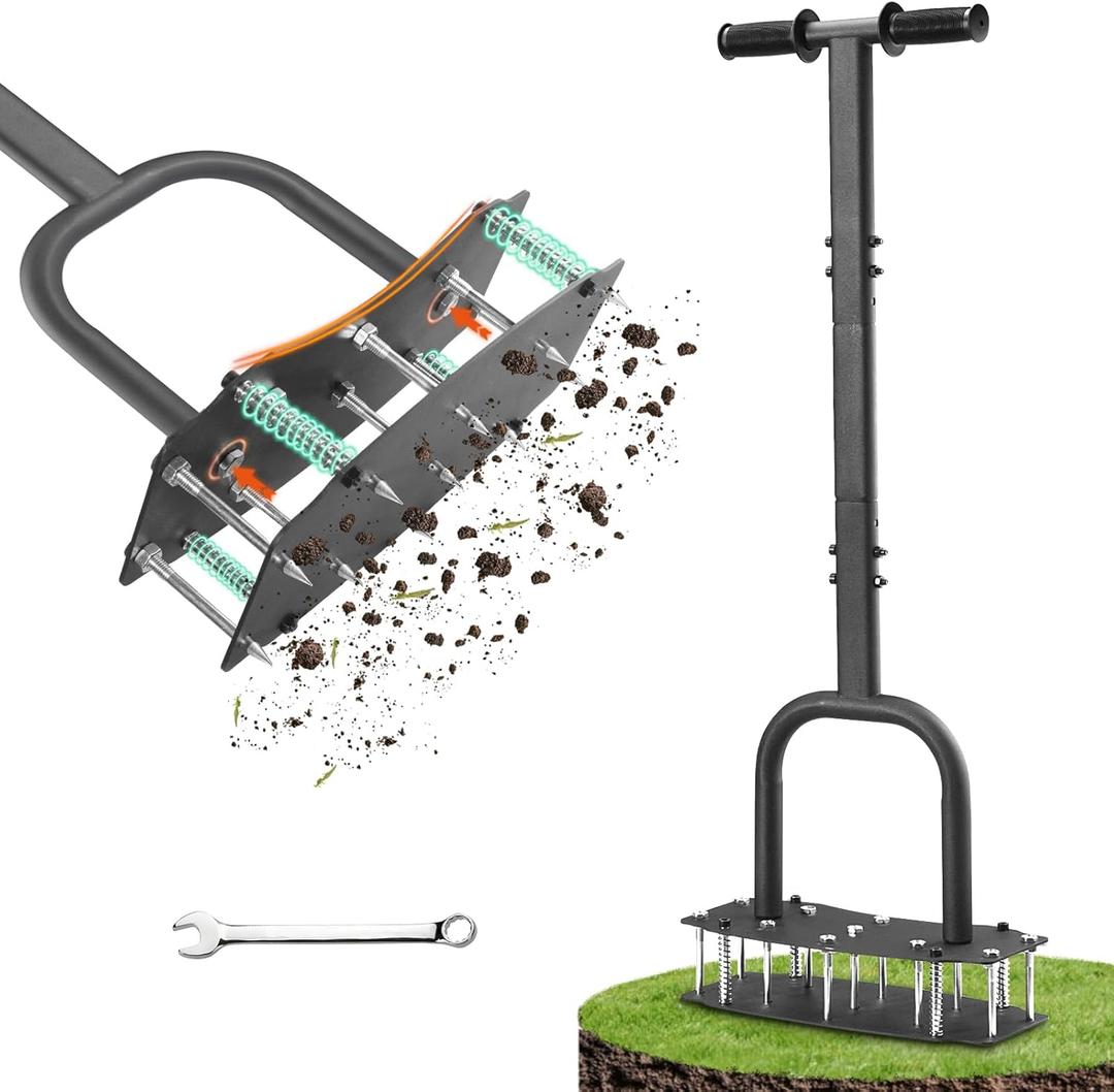Lawn Aerator Tool for Clay Soil - Kick to Unclog & Bolt-On Base Never Breaks - 11 Heavy Duty 3.5 Spikes for Deeper Penetration - Pre Assembled 12.2x6 Plate