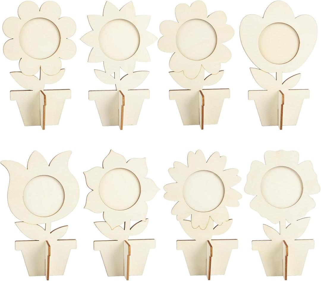 8Pcs Flower Spring Wood Crafts to Paint, Wooden Flowers Picture Frame for Craft, 3D Unfinished Spring Picture Frame Craft for Painting, DIY Mothers Day Gifts Flower Cutouts for Painting Decorations
