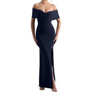 LAGSHIAN Women's Elegant Bodycon Off Shoulder Ruched Split Hem Long Formal Basic Evening Dress (Black, XL)