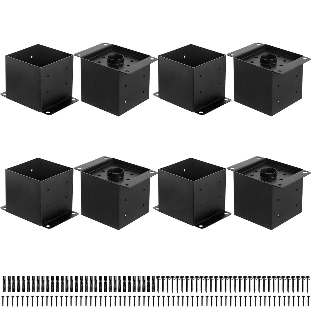 6x6 Post Base 8 Pcs,Inner Size 5.5"x5.5" Post Base Brackets, Heavy Duty Powder-Coated Post Anchor Fence Post Anchor,Black Wood Post Brackets for Pavilion Deck Railing Support Deck Base Plate