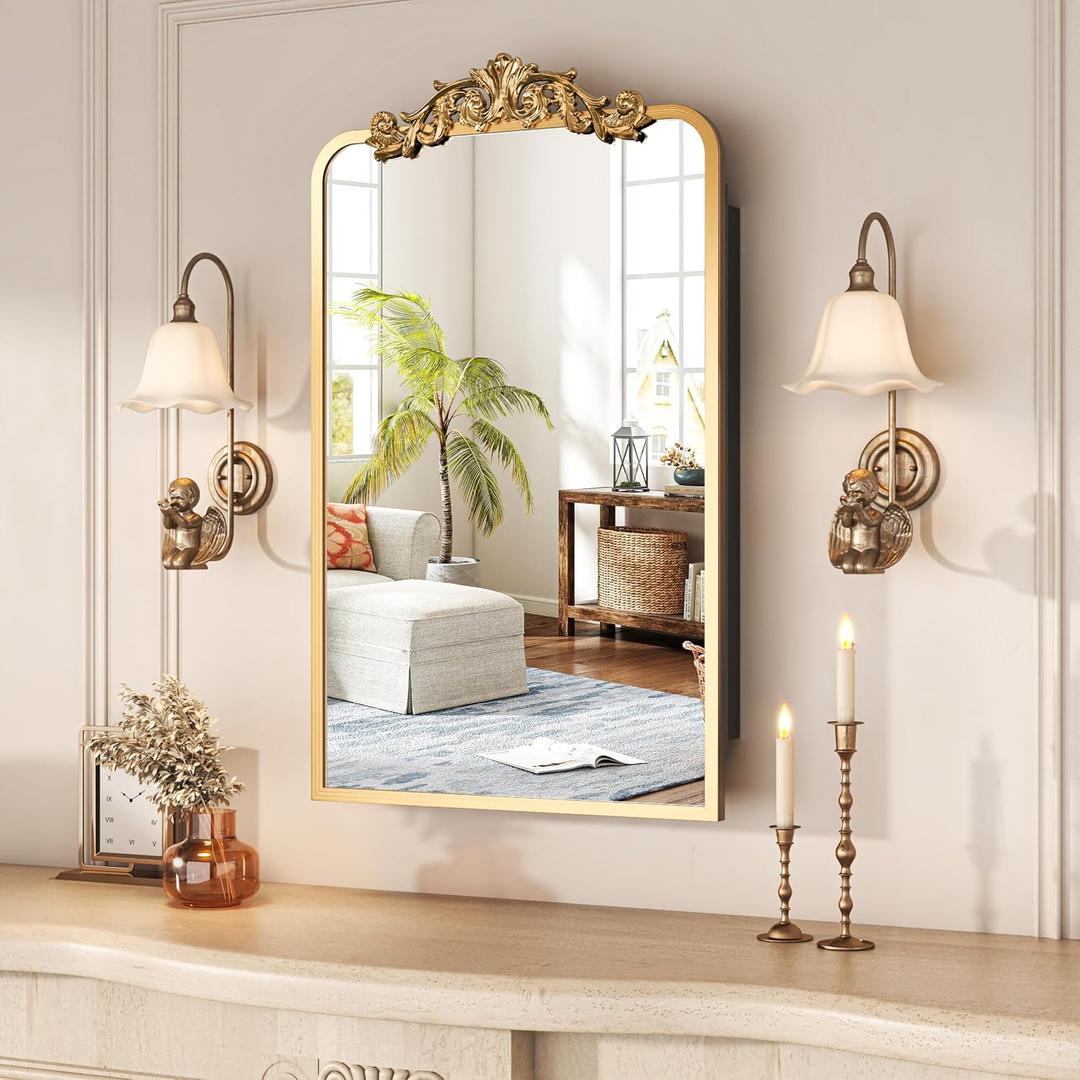 30"x 20"Bathroom Medicine Cabinet with Vintage Arched Mirror - All-Metal Gold Medicine Cabinets with Hand-Painted Aluminum Door Frame, 2 Stable & Removable Shelves, Black