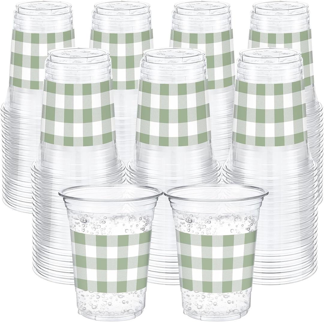 100 Pcs Sage Green Gingham Plastic Cups 12 oz Green Checkered Plaid Disposable Plastic Drinking Cups Bulk for Baby Shower Wedding Birthday Christmas Party Decoration Supplies