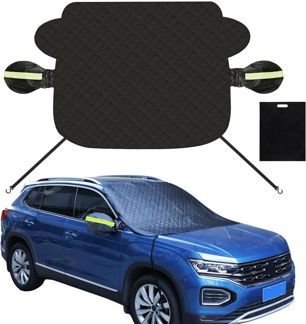 62x49.6in Car Windshield Cover for Ice and Snow, Universal Magnetic Edges Windshield Rearview Mirror Frost Guard Cover with Strap Front Window Protector for Most Vehicles Truck SUV