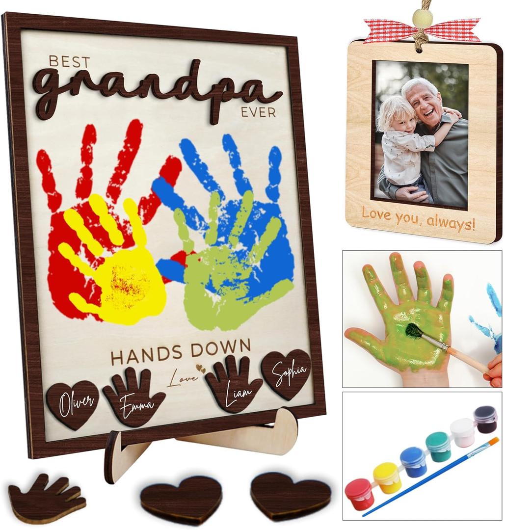 10" Hands Down Best Grandpa Ever DIY Handprint Kids Gifts Frame with Paints, Grandpa Crafts from Grandkids Family Keepsake Plaque Birthday Gift Father's Day for Pops, Papa HF610