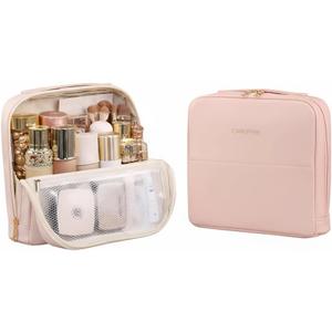 Magnetic Standing Cosmetic Bag, Large Capacity Travel Toiletry Organizer with 3D Storage, Portable Makeup Shower Bag for Women (Pink)