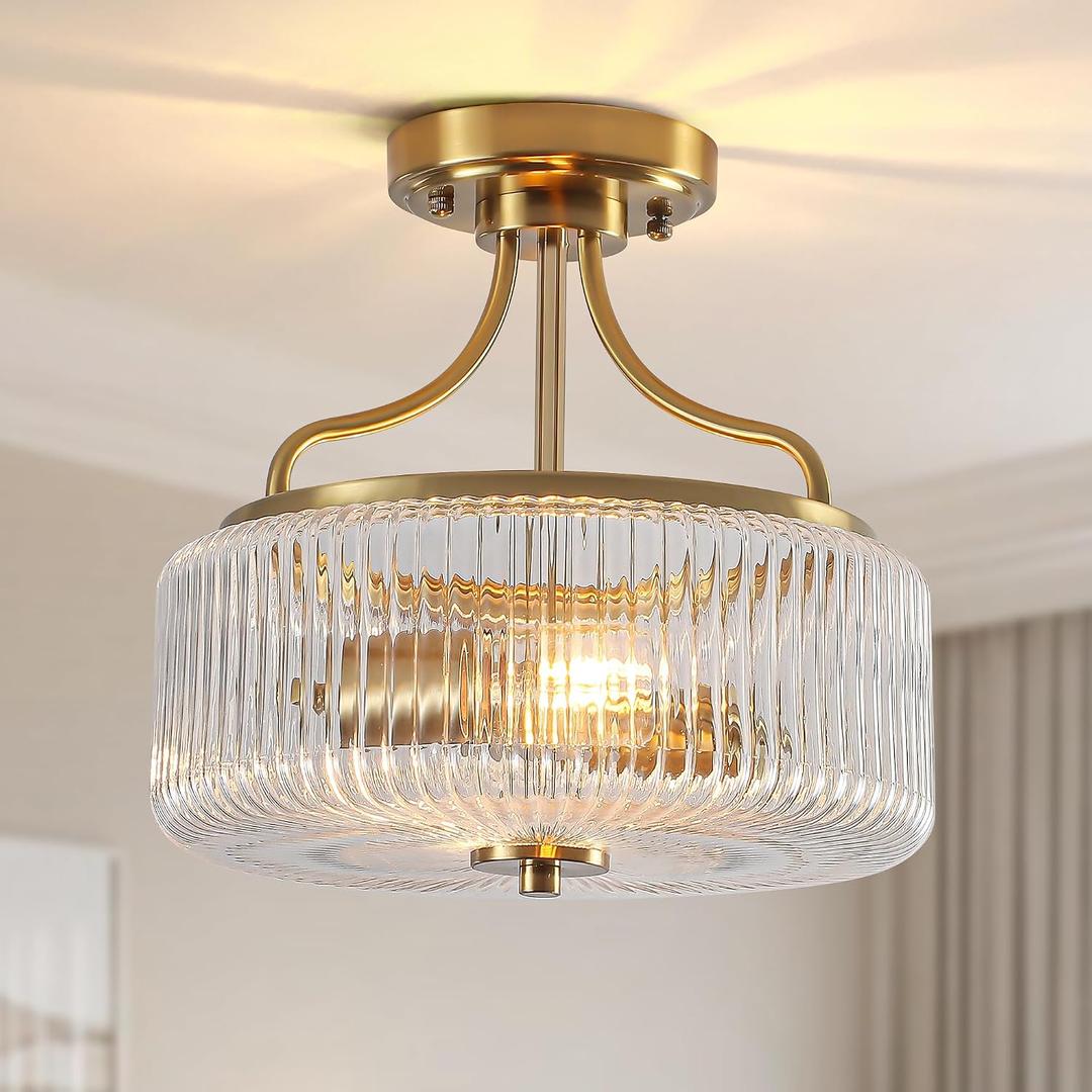 11.4" Semi Flush Mount Ceiling Light,2 Lights Modern Gold Ceiling Light Fixture Chandelier with Glass Shade,Gold Drum Ceiling Lighting Fixtures for Dining Room Hallway Entryway Bedroom Foyer