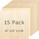Unfinished Wood Pieces,15 Pack Basswood Sheets 1/16,Basswood Plywood Wood Sheets for Crafts,Perfect for Painting, Drawing, Laser, Engraving, Burning and CNC Cutting (12 x 12 inch - 1.5mm)