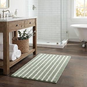 GRANNY SAYS Striped Bathroom Rugs Non Slip, 16" x 24", Bath Rugs for Bathroom Washable, Bath Mats for Floor, Microfiber Bath Mat for Tub, Absorbent Bath Rugs for Shower Room, Sage Green