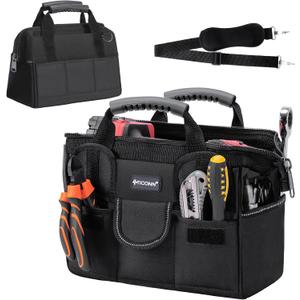 TICONN Heavy Duty Tool Bag with Multi-Pockets, Portable Tool Box Organizer Storage Bag, with Adjustable Shoulder Strap and Ergonomic Handle (Black, 12" Standard Base)