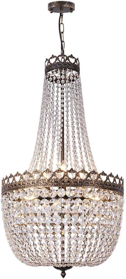 Wellmet Crystal Chandelier Lights, 9 Lights French Empire Chandelier Lighting High Ceiling Hanging Pendant Light Fixture for Dining Living Room Foyer Kitchen Bedroom, Antique Bronze 19.69'' W