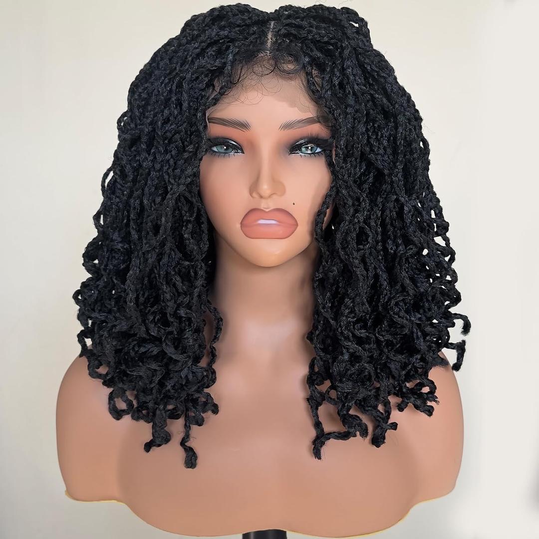 Black 4x4 Lace Wig Box Braided Wigs for Black Women 14 inch Glueless Closure Braided wigs with Baby Hair Twist Box Braids Bob Wig Double Lace