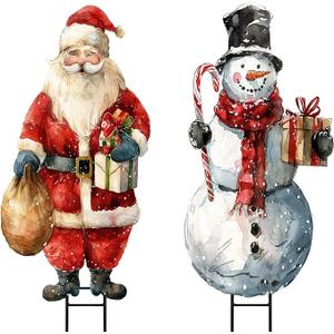 Christmas Decorations Outdoor, 2pcs Large Rustic Santa Claus Snowman Yard Metal Stakes Xmas Decor, 37" Vintage Winter Signs for Lawn Front Door Garden Home Farmhouse Porch Outside