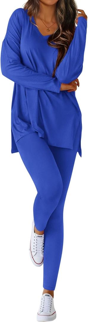 BTFBM Two Piece Sets for Women 2026 Casual Lounge Set Matching Oversized Shirts Leggings Workout Airport Travel Outfits (Large, Blue)