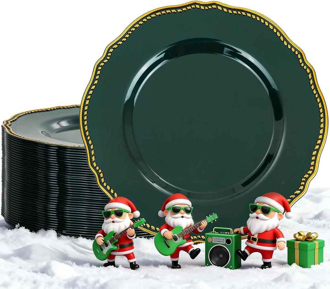 Hioasis 60pcs Green Plastic Plates - Green and Gold Disposable Dinnerware with Gold Rim, Heavy-duty, 10.25 inch, Dinner Plates for Party & Wedding