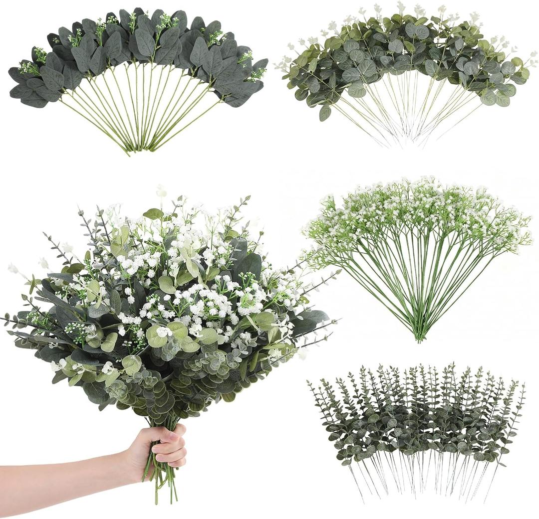 120 Pcs Mixed Artificial Eucalyptus Leaves Stems Bulk,Baby Breath Artificial Flowers Bulk with Eucalyptus Leaves Greenery Stems for DIY Bouquets Wedding Floral Home Decor (Green-120pcs)