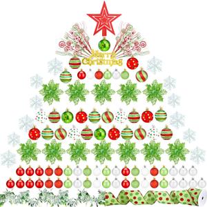 129 Pcs Christmas Tree Decorations Set Lime Green Red Christmas Ball Ornaments Plastic Snowflake Ornament Glitter Poinsettia Xmas Flowers Berry Tinsel Star Tree Topper for Xmas Trees Holiday Decor (Bright Style)