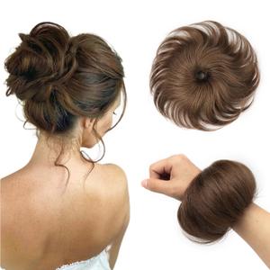 Human Hair Bun Hair Piece Chocolate Brown Tousled Stretchy Fluffy Donut Updo Elastic Rubber Band Human Hair Tousled Updo Extension(1 Count #4 Medium Brown)