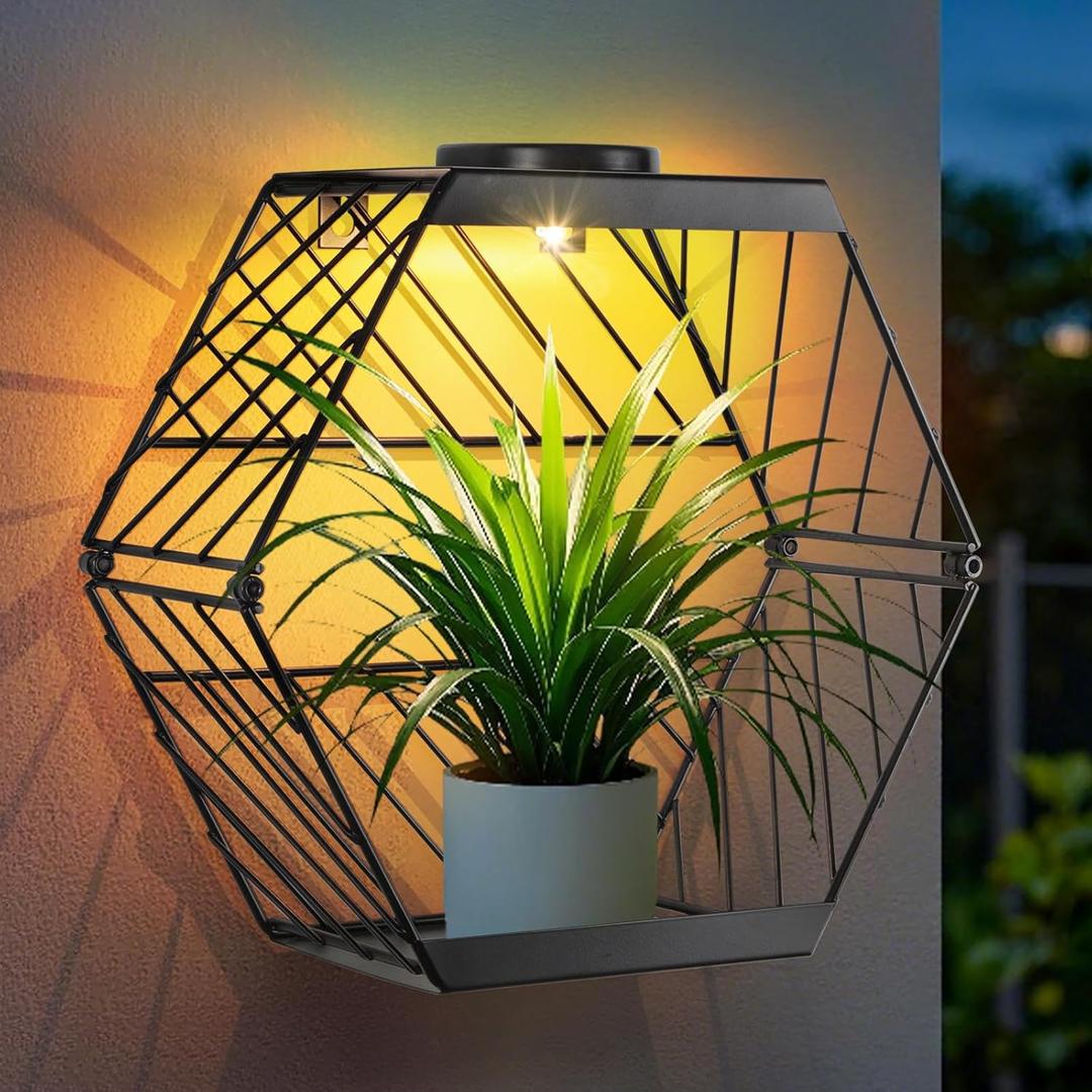 GOESWELL Wall Plant Holder with Solar Light: Outdoor Waterproof Wall Lamp Metal Plant Stand Decor for Garden Yard Porch Patio Balcony Fence