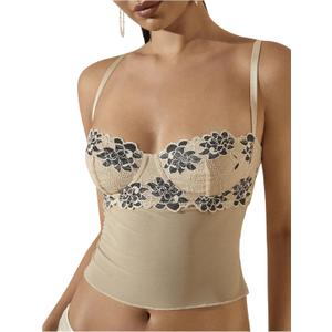 SOLY HUX Women's Floral Lace Trim Camisole Spaghetti Strap Fitted Shirt Top Summer Crop Cami Tops (L)