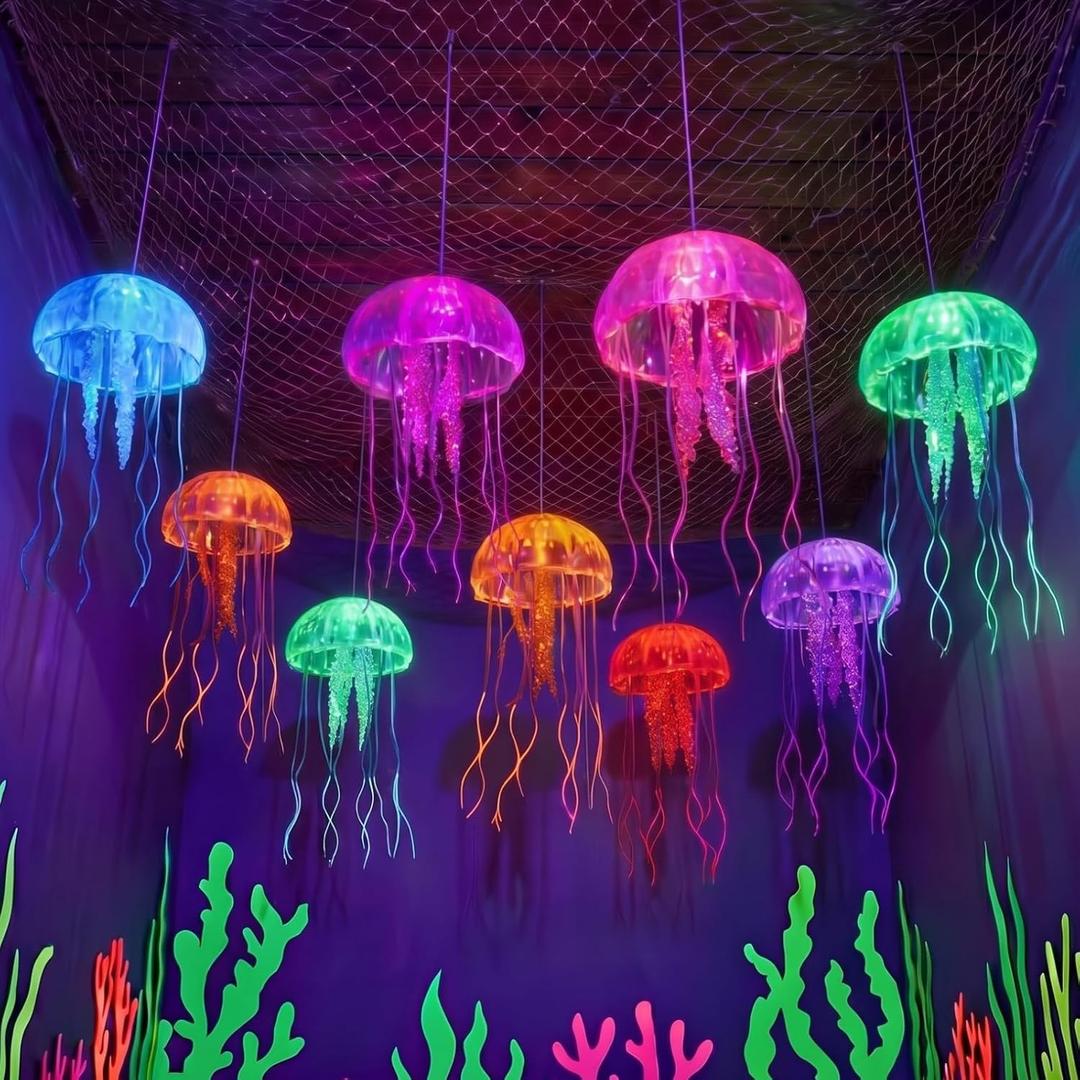 Blueweenly 8 Pcs Glow Ocean Party Ceiling Decorations Neon Hanging Jellyfish Glow in The Dark Under The Sea Fluorescence Silicone Jellyfish with Fishing Line for Ocean Mermaid Birthday Party