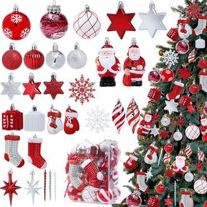 60 Pcs Christmas Ball Ornaments 16 Styles Plastic Hanging Balls Peppermint Red White Shatterproof Christmas Tree Pendants with Santa Claus Stars Snowflakes for Xmas Party Indoor Holiday Home Decor